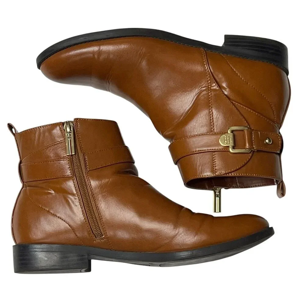 Tommy Hilfiger Women Brown Ankle Boots Side Zip Buckle‎ Detail Size 8.5M